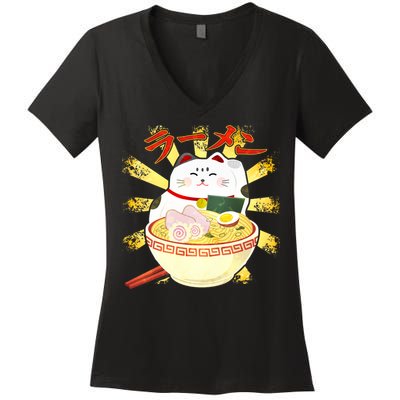Lucky Cat Ramen Japanese Women's V-Neck T-Shirt