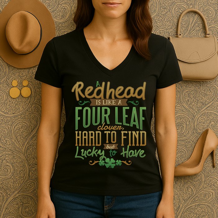 Lucky Redhead Four Leaf Clover Women's V-Neck T-Shirt