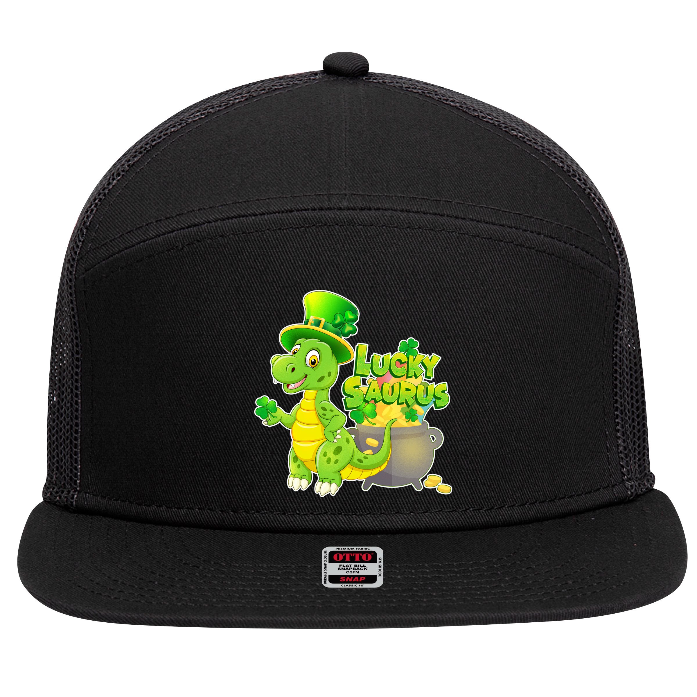 Lucky-Saurus St Patrick's Day 7 Panel Mesh Trucker Snapback Hat