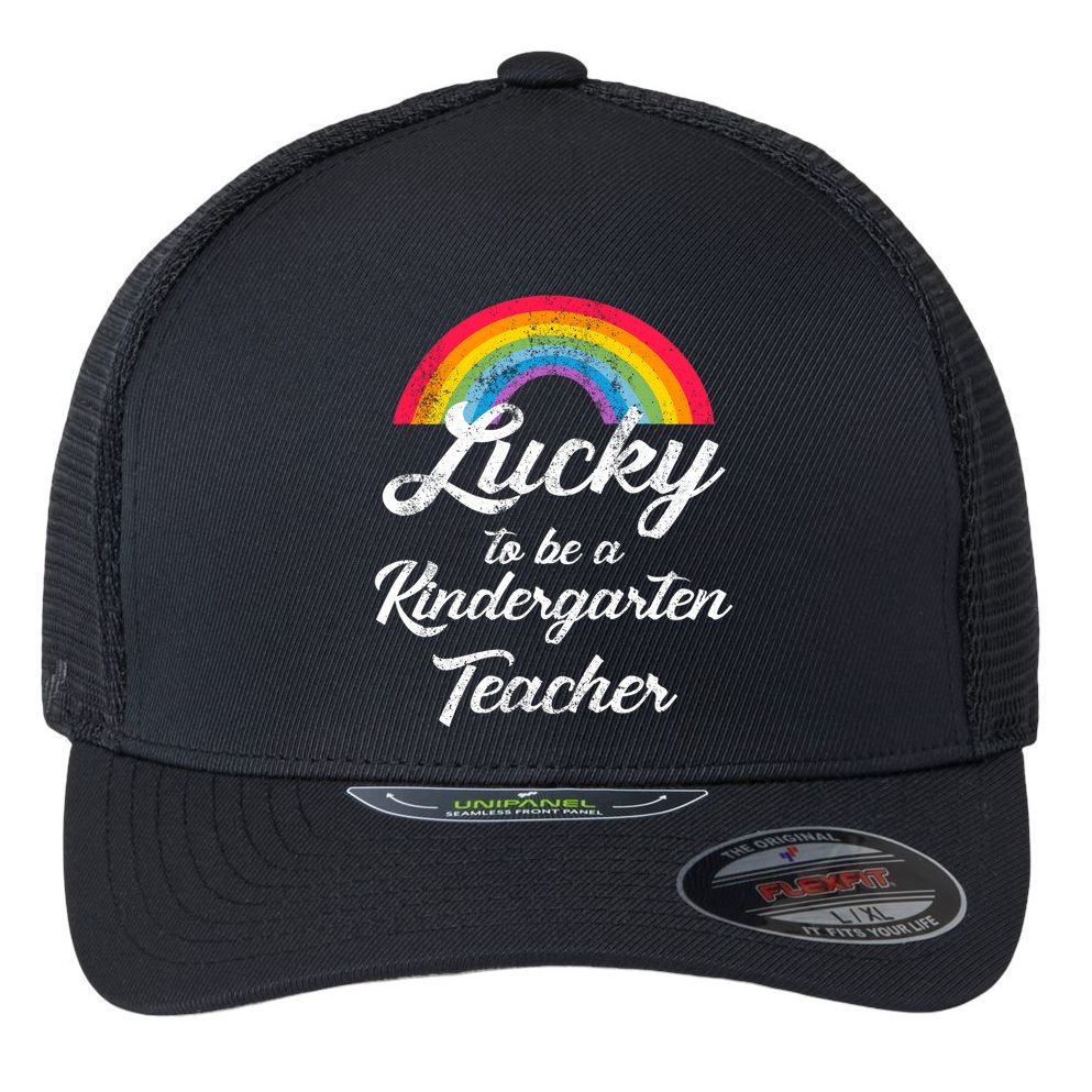 Lucky To Be A Kindergarten Teacher Cute Rainbow Flexfit Unipanel Trucker Cap