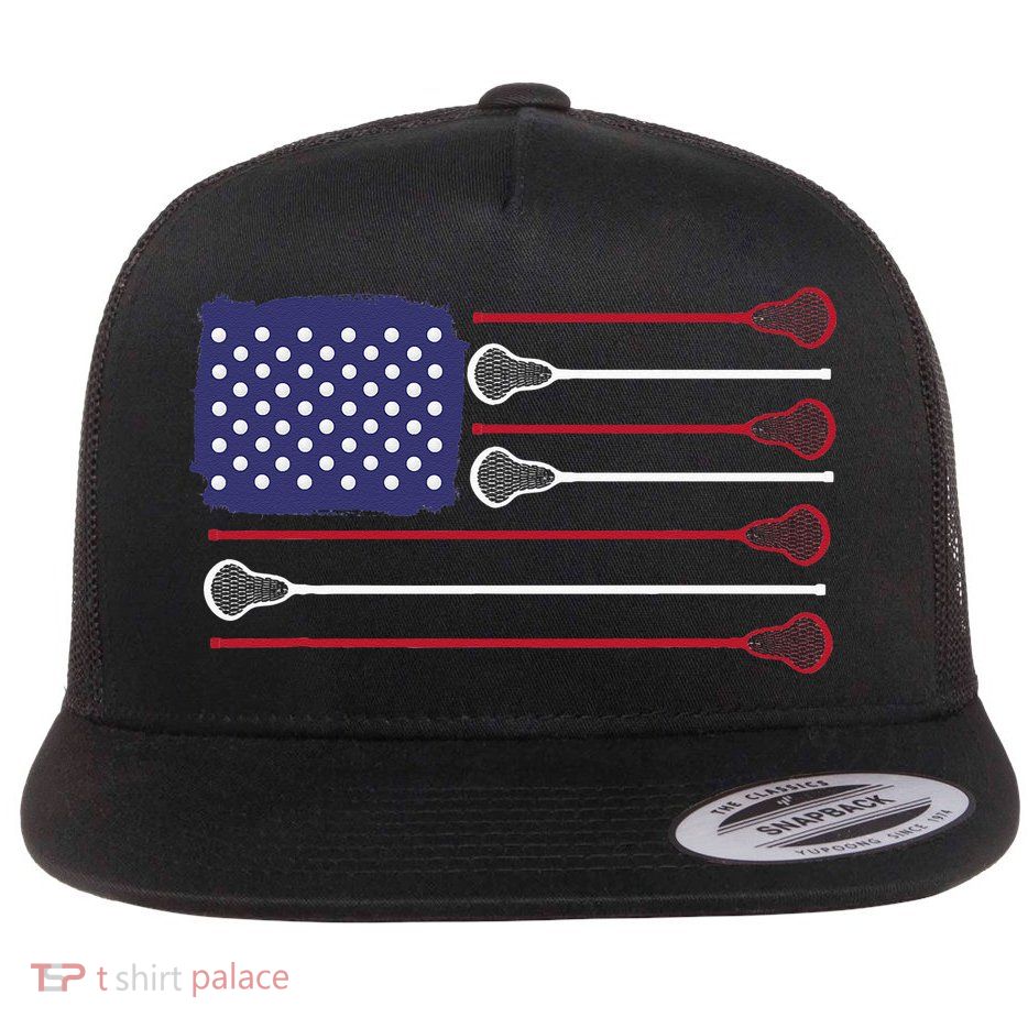 Lacrosse USA Flag Lacrosse Player Men Woman Kids Flat Bill Trucker Hat