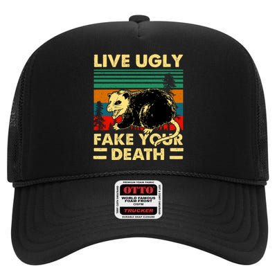 Live Ugly Fake Your Death Trash Opossum High Crown Mesh Back Trucker Hat