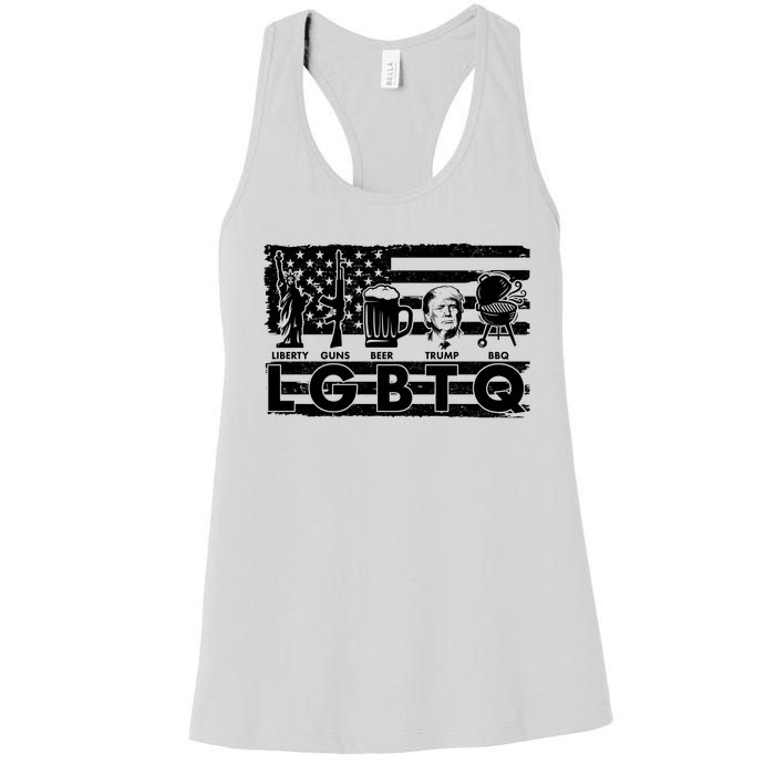 LGBTQ USA Flag Liberty Guns Beer Trump BBQ Women's Racerback Tank