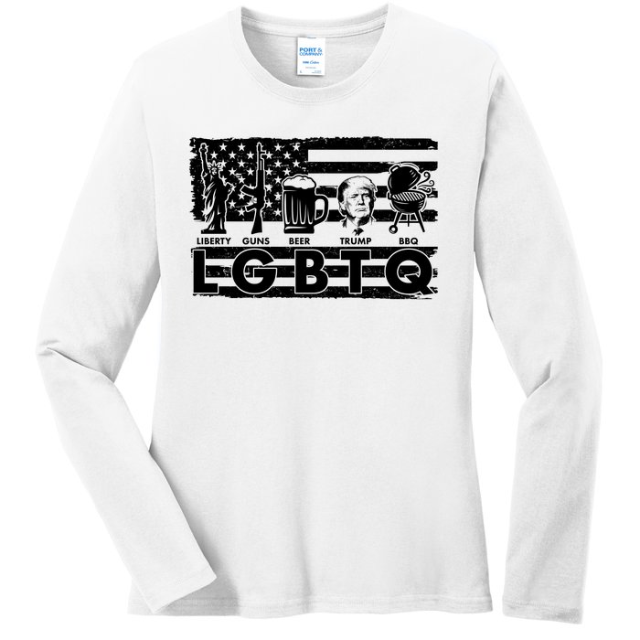 LGBTQ USA Flag Liberty Guns Beer Trump BBQ Ladies Long Sleeve Shirt