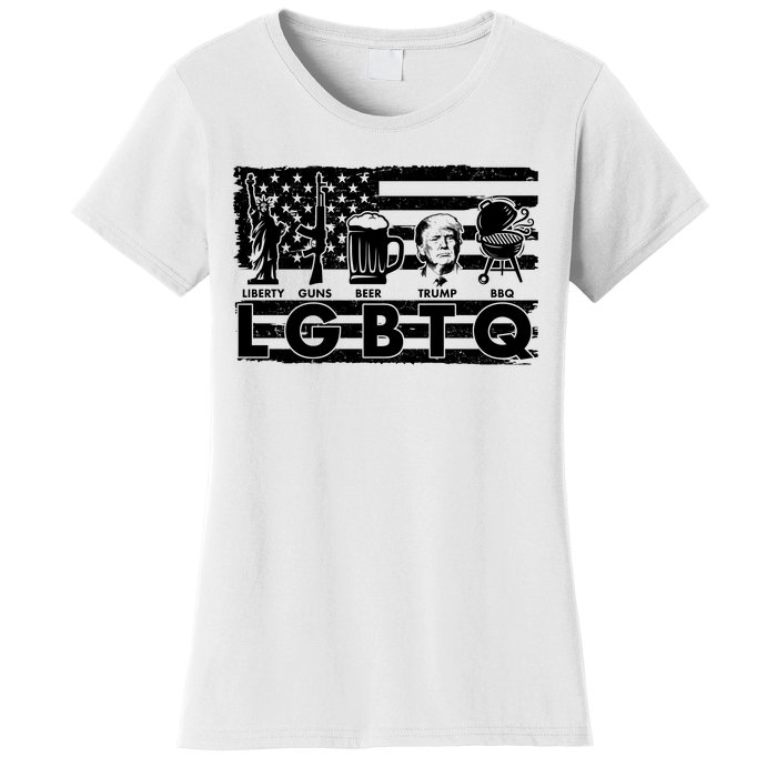 LGBTQ USA Flag Liberty Guns Beer Trump BBQ Women's T-Shirt