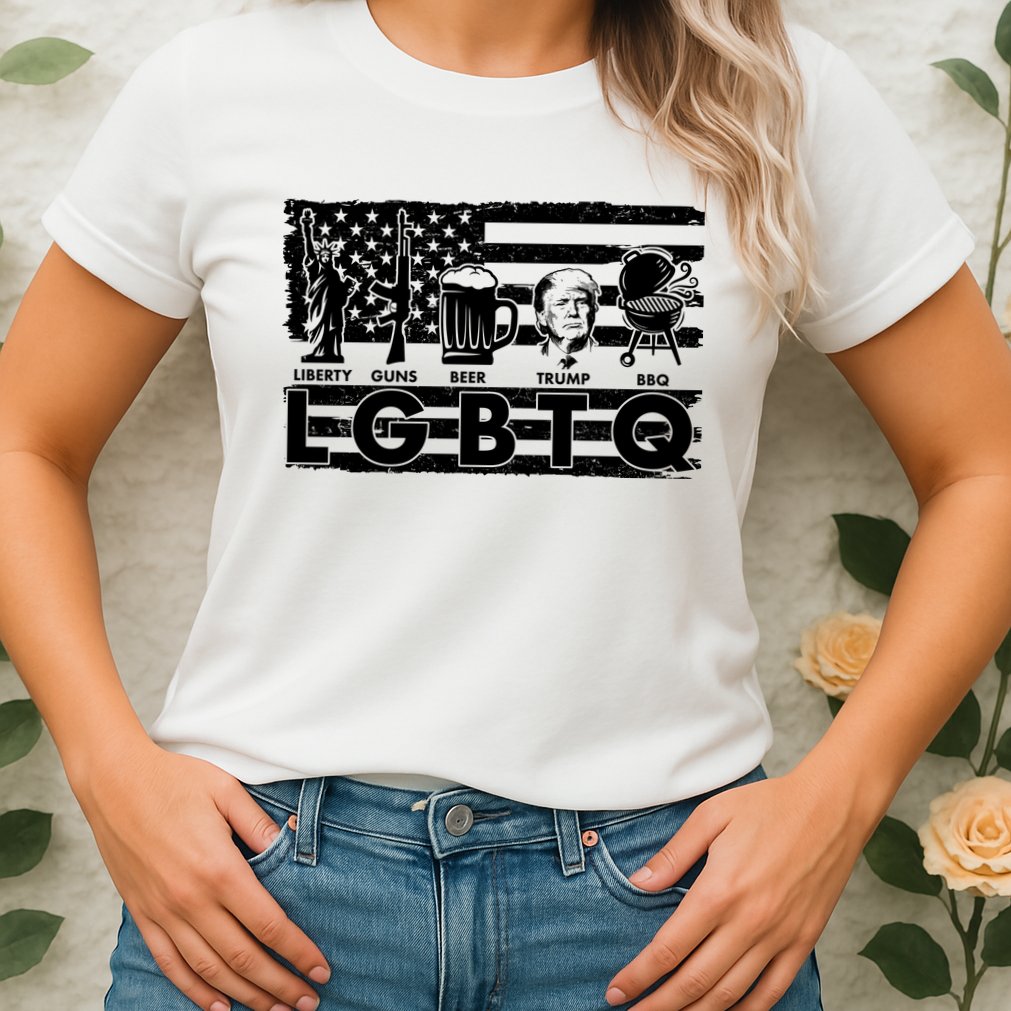 LGBTQ USA Flag Liberty Guns Beer Trump BBQ Womens T-Shirt