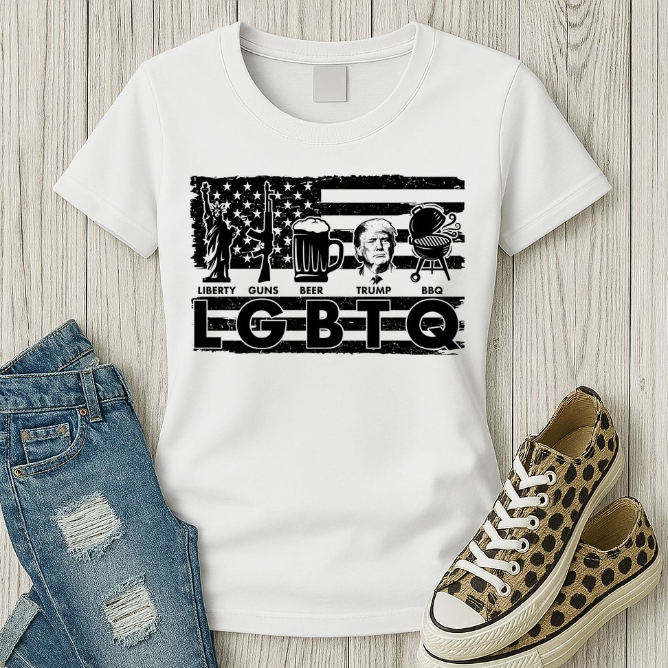 LGBTQ USA Flag Liberty Guns Beer Trump BBQ Womens T-Shirt