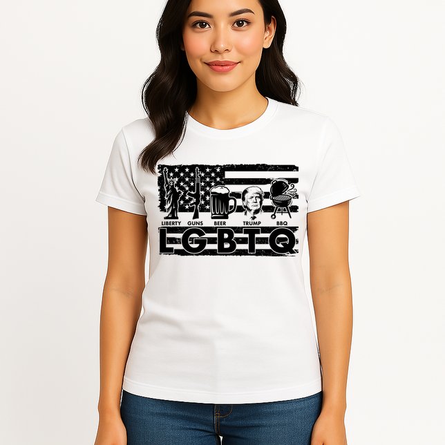 LGBTQ USA Flag Liberty Guns Beer Trump BBQ Womens T-Shirt