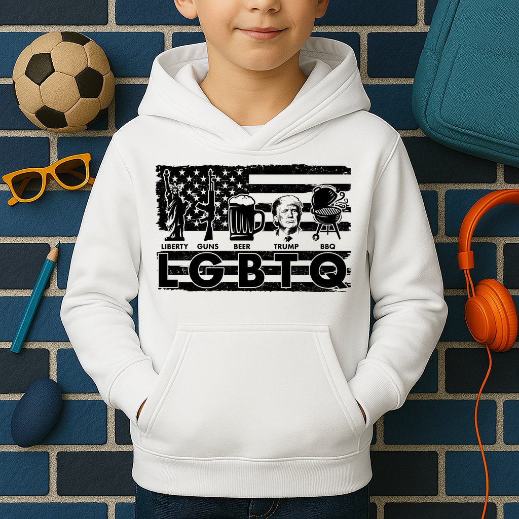 LGBTQ USA Flag Liberty Guns Beer Trump BBQ Kids Hoodie