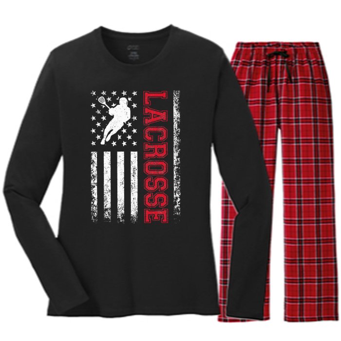 Lacrosse Usa Flag Lax Women's Long Sleeve Flannel Pajama Set 