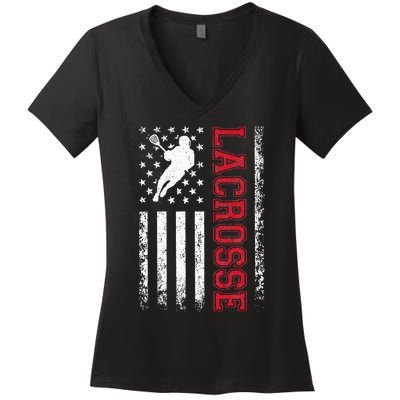 Lacrosse Usa Flag Lax Women's V-Neck T-Shirt