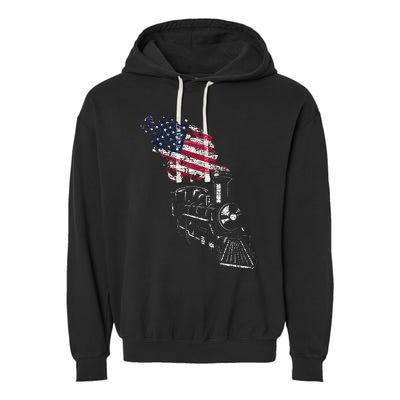 Locomotive Us Flag Railroad Model Train Patriotic Train Garment-Dyed Fleece Hoodie