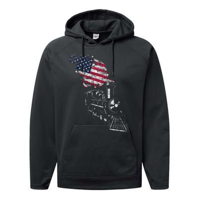 Locomotive Us Flag Railroad Model Train Patriotic Train Performance Fleece Hoodie