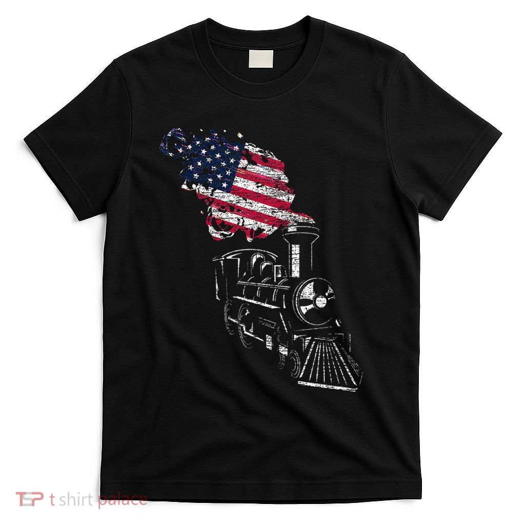 Locomotive Us Flag Railroad Model Train Patriotic Train T-Shirt