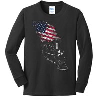 Locomotive Us Flag Railroad Model Train Patriotic Train Kids Long Sleeve Shirt