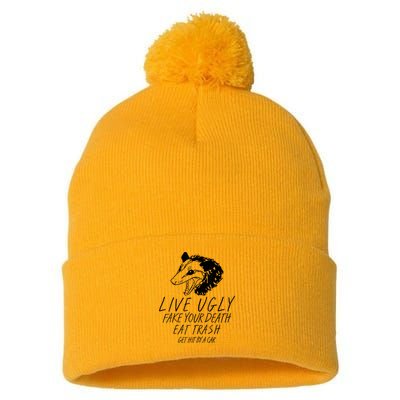 Live Ugly Fake Your Death Eat Trash Get Hit By A Car Opossum Pom Pom 12in Knit Beanie