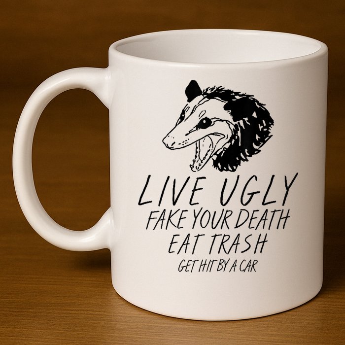 Live Ugly Fake Your Death Eat Trash Get Hit By A Car Opossum 11oz C Handle Ceramic Mug