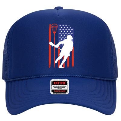 Lacrosse USA Flag High Crown Mesh Back Trucker Hat