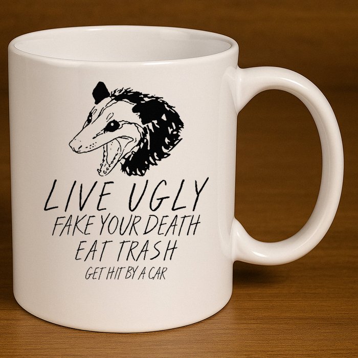 Live Ugly Fake Your Death Eat Trash Get Hit By A Car Opossum 11oz C Handle Ceramic Mug
