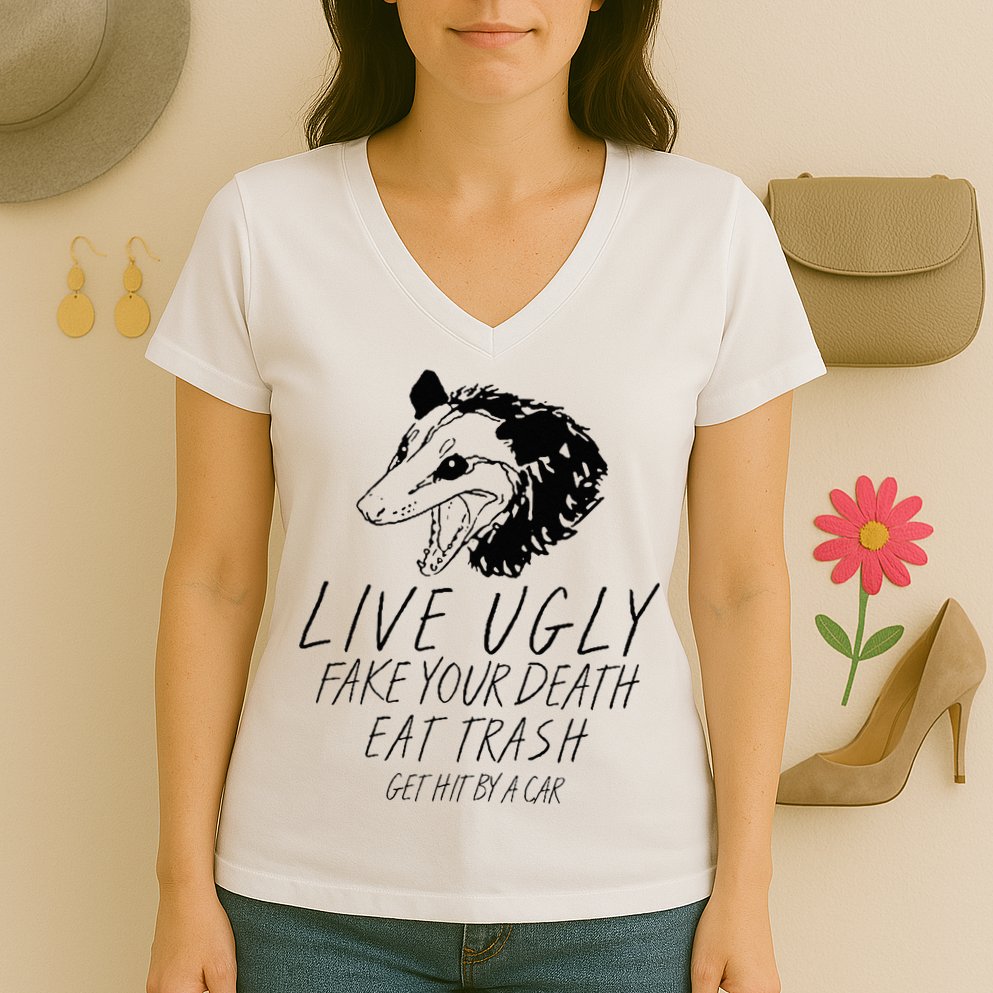 Live Ugly Fake Your Death Eat Trash Get Hit By A Car Opossum Women's V-Neck T-Shirt