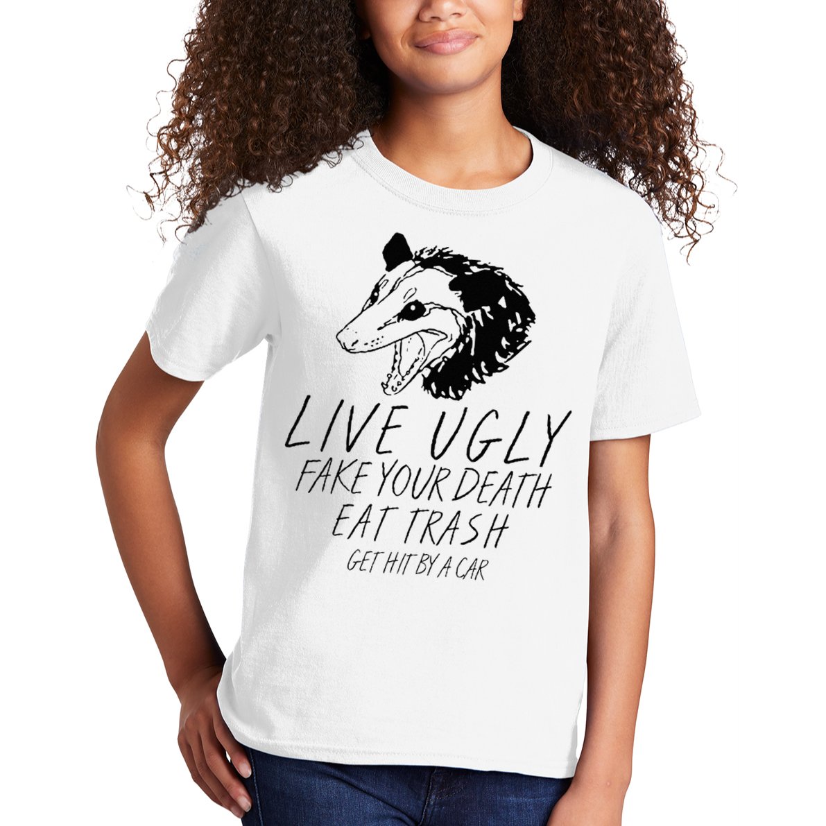 Live Ugly Fake Your Death Eat Trash Get Hit By A Car Opossum Kids T-Shirt