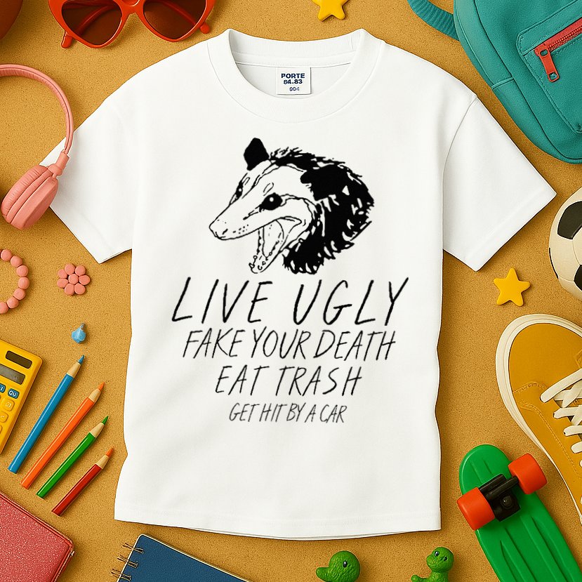 Live Ugly Fake Your Death Eat Trash Get Hit By A Car Opossum Kids T-Shirt