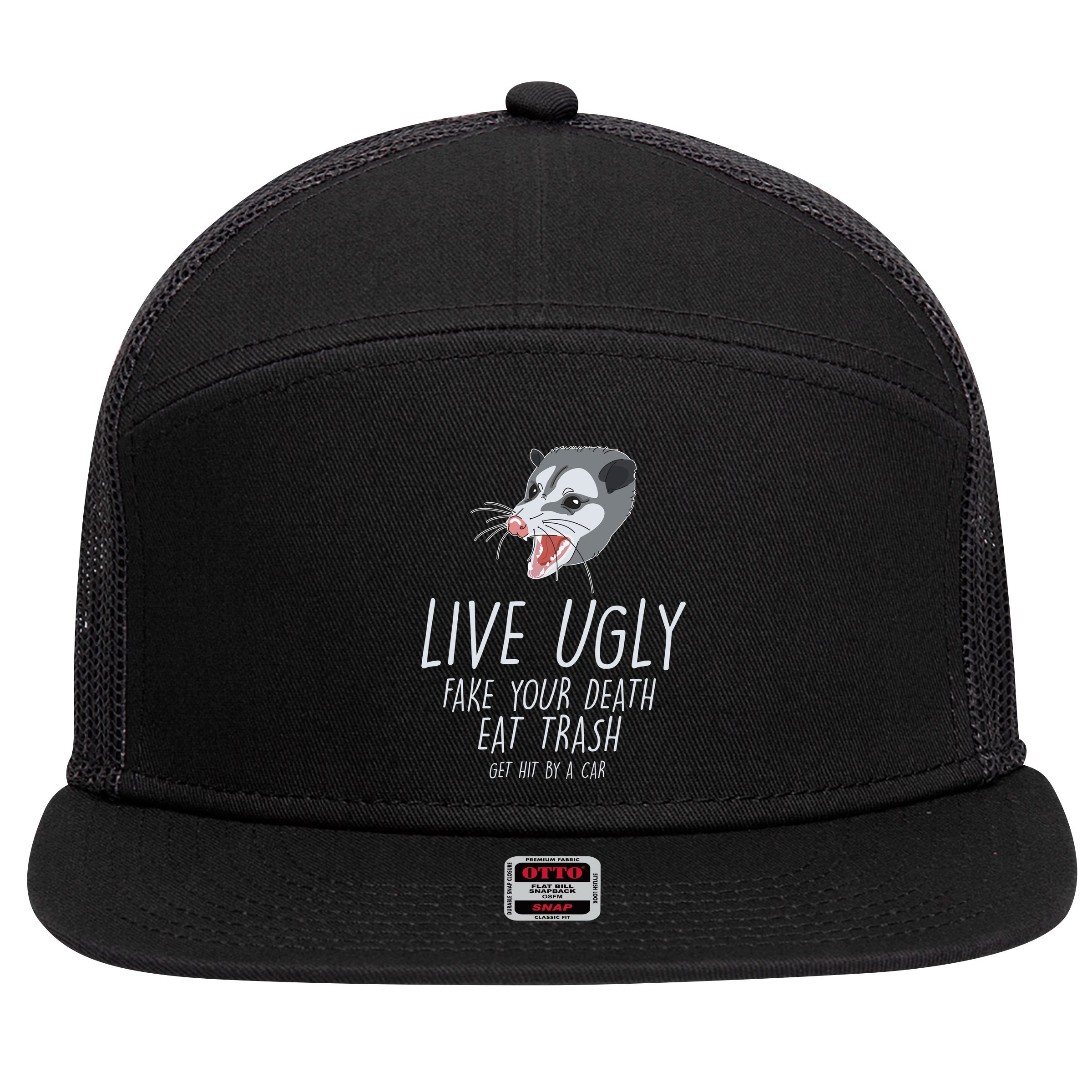 Live Ugly Fake Your Death Eat Trash Opossum 7 Panel Mesh Trucker Snapback Hat