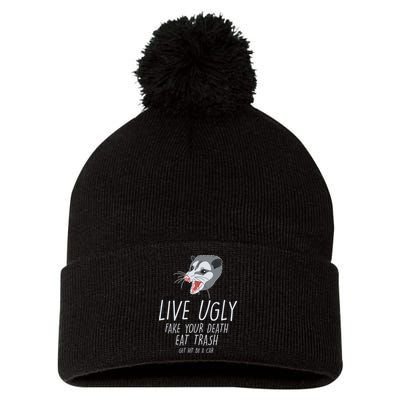Live Ugly Fake Your Death Eat Trash Opossum Pom Pom 12in Knit Beanie