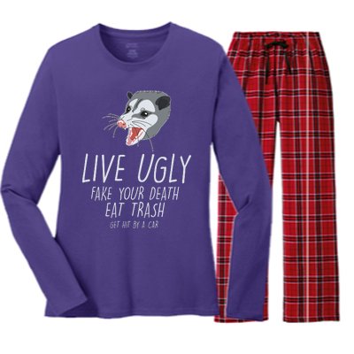 Live Ugly Fake Your Death Eat Trash Opossum Women's Long Sleeve Flannel Pajama Set 