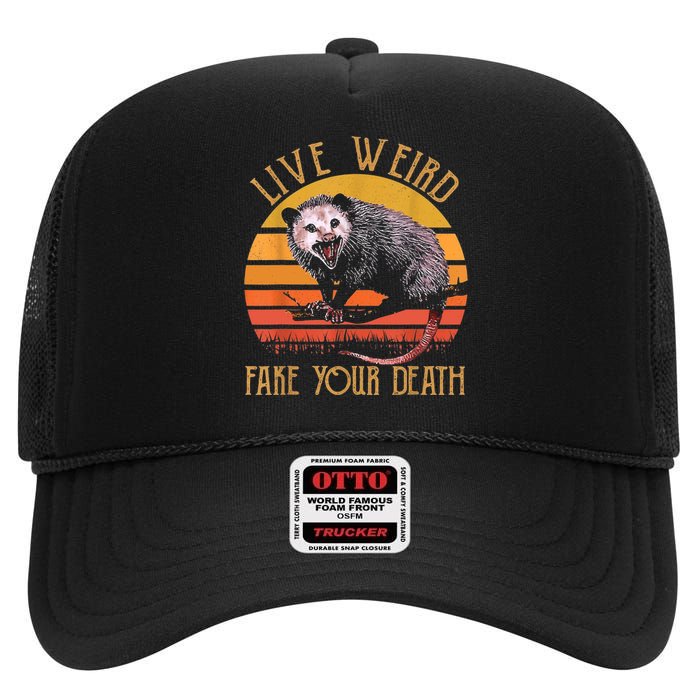 Live Ugly Fake Your Death Fynny Retro Vintage Opossum High Crown Mesh Back Trucker Hat