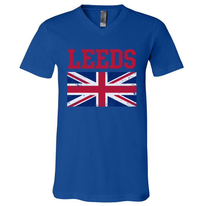 Leeds Union Jack United Kingdom British Flag Vintage Faded Gift V-Neck T-Shirt