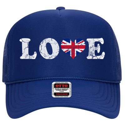 Love United Kingdom Union Jack Flag Heart Family Home Gift High Crown Mesh Back Trucker Hat