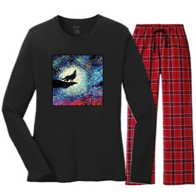 Lupine Night Howl Wolf Moon Women's Long Sleeve Flannel Pajama Set 