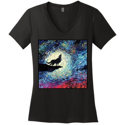 Lupine Night Howl Wolf Moon Women's V-Neck T-Shirt