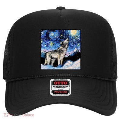 Lupine Night Wolf Painting High Crown Mesh Back Trucker Hat