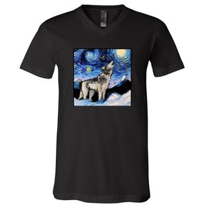 Lupine Night Wolf Painting V-Neck T-Shirt