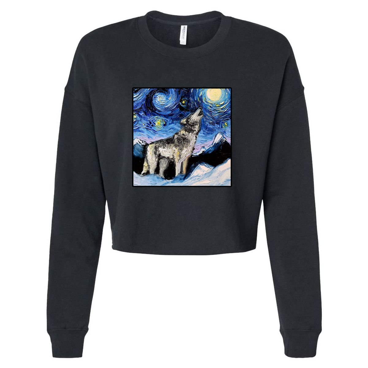 Lupine Night Wolf Painting Cropped Pullover Crew
