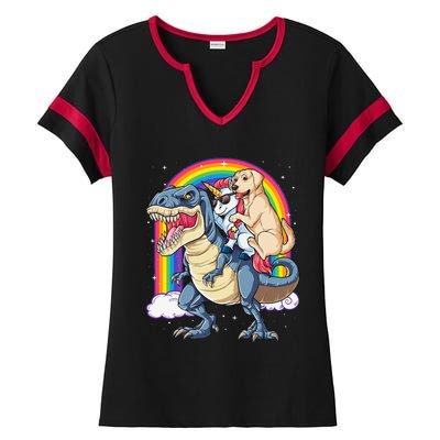 Labrador Unicorn Riding Dinosaur T rex Rainbow Ladies Halftime Notch Neck Tee