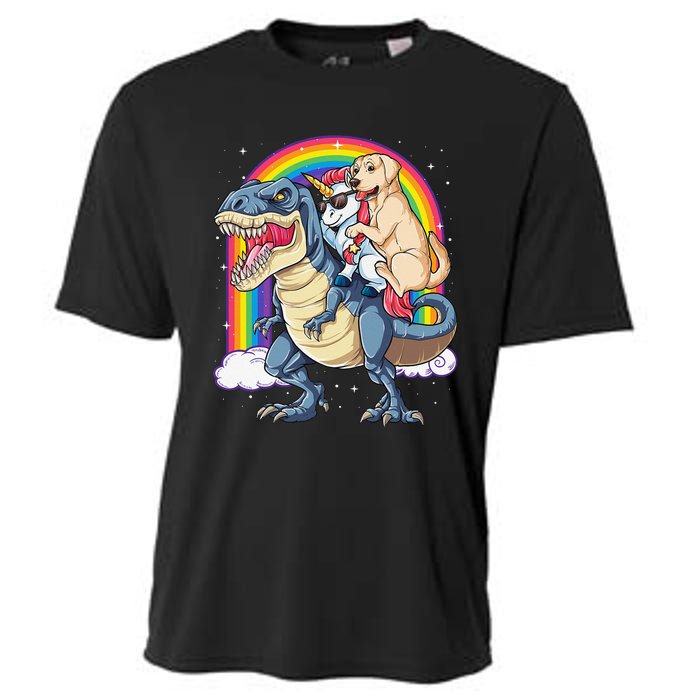 Labrador Unicorn Riding Dinosaur T rex Rainbow Cooling Performance Crew T-Shirt