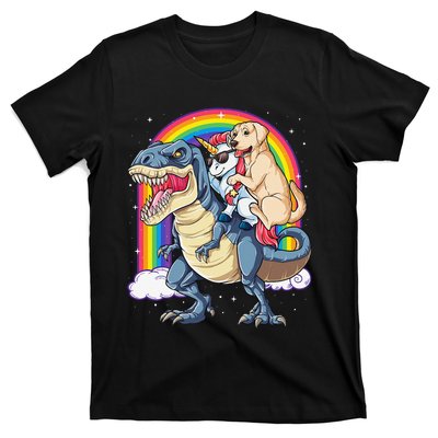 Labrador Unicorn Riding Dinosaur T rex Rainbow T-Shirt