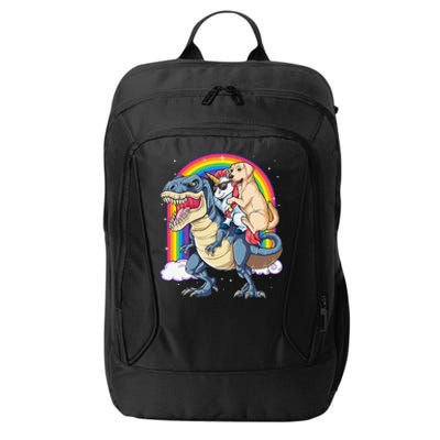 Labrador Unicorn Riding Dinosaur T rex Rainbow City Backpack