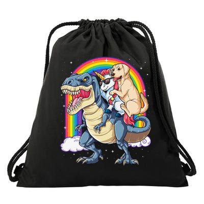 Labrador Unicorn Riding Dinosaur T rex Rainbow Drawstring Bag