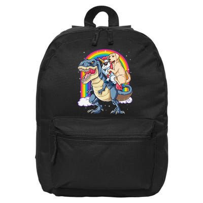 Labrador Unicorn Riding Dinosaur T rex Rainbow 16 in Basic Backpack