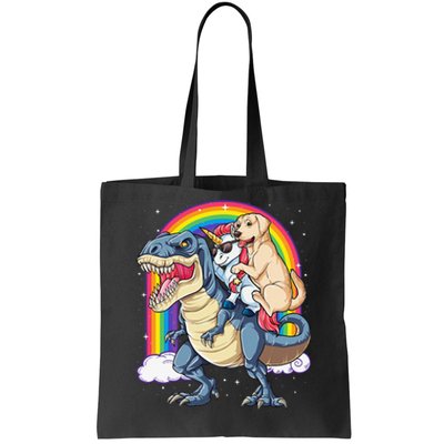 Labrador Unicorn Riding Dinosaur T rex Rainbow Tote Bag