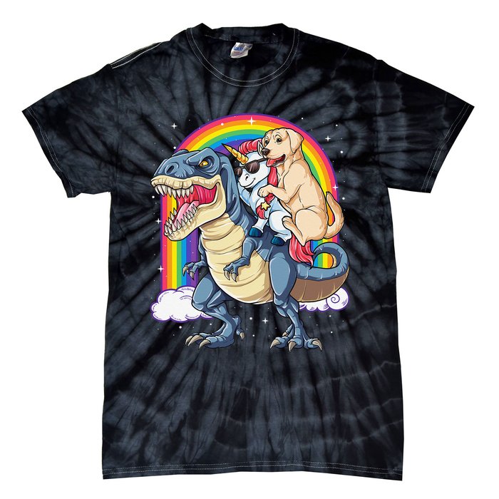 Labrador Unicorn Riding Dinosaur T rex Rainbow Tie-Dye T-Shirt