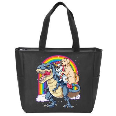 Labrador Unicorn Riding Dinosaur T rex Rainbow Zip Tote Bag