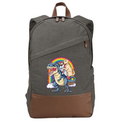 Labrador Unicorn Riding Dinosaur T rex Rainbow Cotton Canvas Backpack