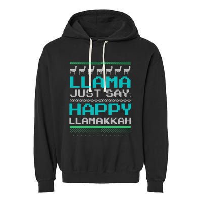 Llama Ugly Sweater Design Happy Llamakah Hannukah Gift Garment-Dyed Fleece Hoodie