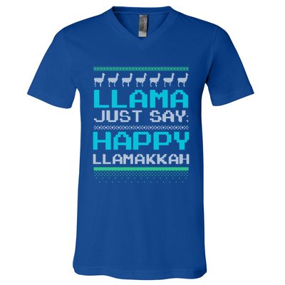 Llama Ugly Sweater Design Happy Llamakah Hannukah Gift V-Neck T-Shirt