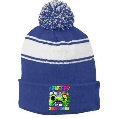 Leveled Up To 2nd Grade Gamer Back To School First Day Boys Stripe Pom Pom Beanie